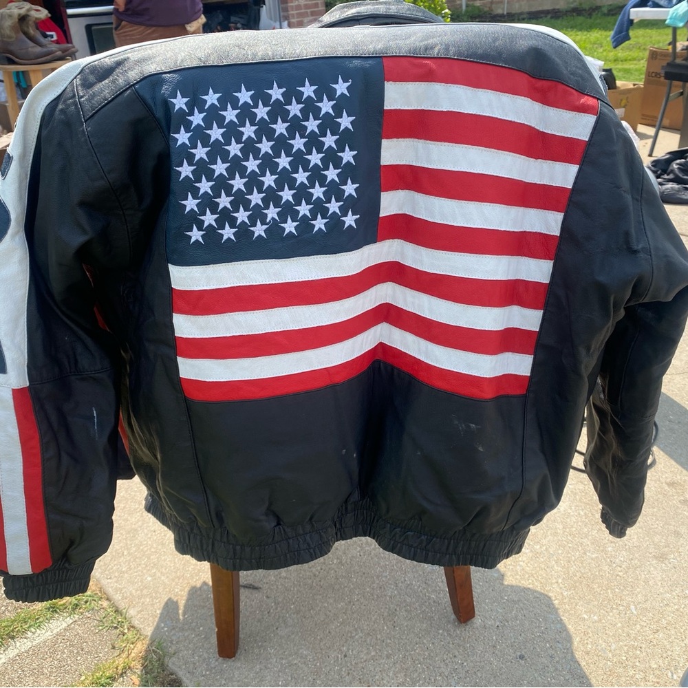 Striking Black and Red Bomber Jacket with Patriotic Flair